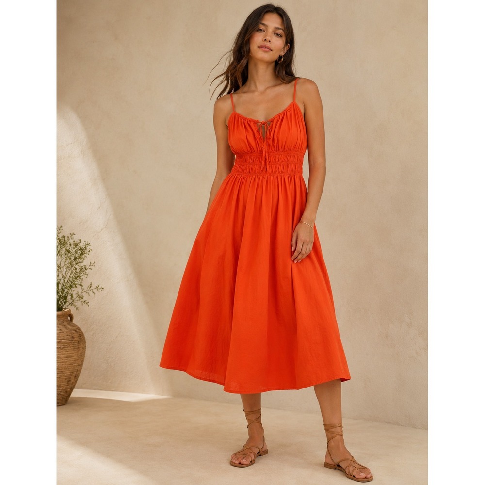 Quince 100% Organic Cotton Keyhole Midi Sun Dress Sz XL Vermilion Red Smocked